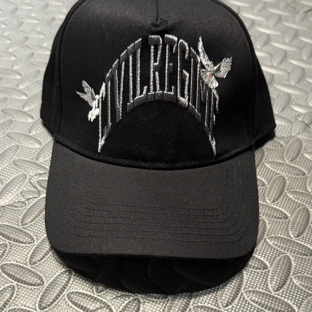 Black Embroidered Baseball Cap with Arched Text and Dove Motifs